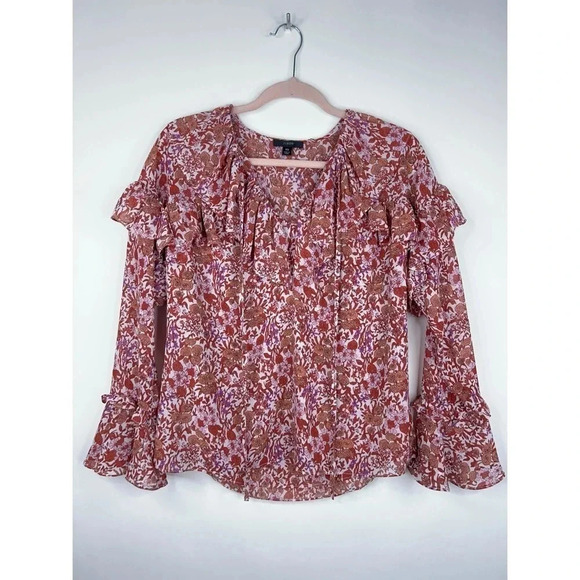 J Crew Ruffle Crinkle Floral Print Blouse Pink Chiffon Top Ruffles Size XS - Picture 1 of 12